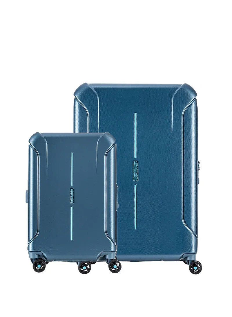 Technum Suitcase, 2pc Set (55 + 68 cm), 4 Spinner Wheels, Hard Top, Polycarbonate, Metallic Blue|DuoSaf™ Security Zipper|Dual Tube Pull Handle|Expandable|TSA Lock - 3 Years International Warranty